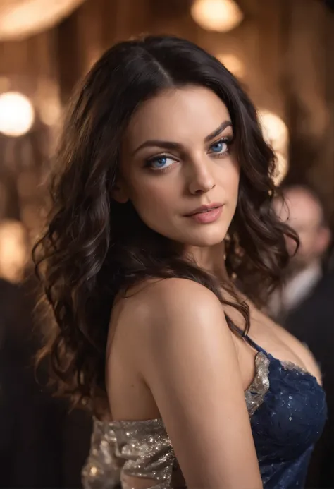 Mila Kunis (beautiful and bold, seductive and attractive, blue eyes, pointed breasts, long curly black hair, sweaty body, open shirt, short shorts, me, boot, thick legs). (at a night club, drinks, lights), (Best quality, masterpiece, depth of field, Full H...