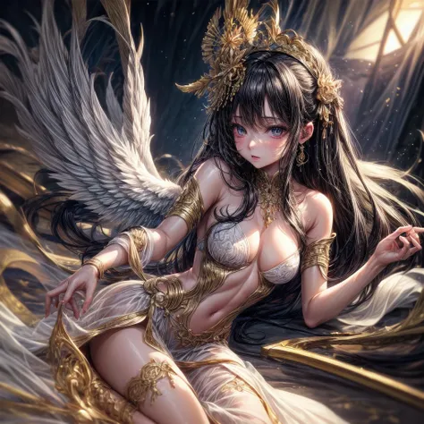 heavenly place, angel female, very lightly, sensual attire, translucent attire, alluring glaze, alluring pose, (softly nudity:0.9)
