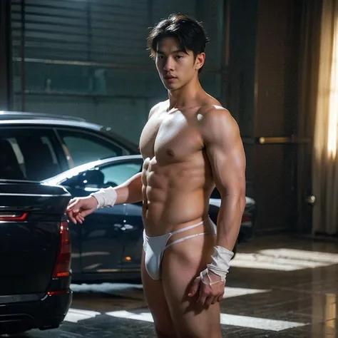 (masutepiece,High resolution,ultra - detailed:1.0),1(Boy ),Perfect male body,Look at the camera,Delicate eyes and delicate face,extremely details CG,Unity 8k壁纸,intricate-detail,solo person,Detailed face, (Futuristic skin-perfect white thong  ), Best Qualit...