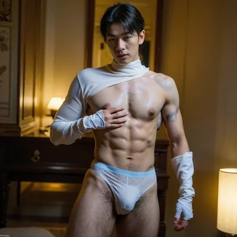 (masutepiece,High resolution,ultra - detailed:1.0),1(Boy ),Perfect male body,Look at the camera,Delicate eyes and delicate face,extremely details CG,Unity 8k壁纸,intricate-detail,solo person,Detailed face, (Futuristic skin-perfect white thong  ), Best Qualit...