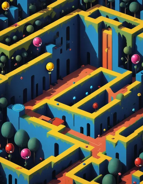 a thought-provoking contemporary art piece that reimagines the classic pac-man game. the maze is represented as a surreal, abstr...