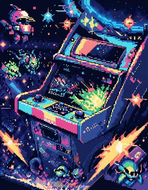 create a retro pixel art illustration inspired by space invaders, capturing the nostalgic essence of classic arcade gaming. pict...