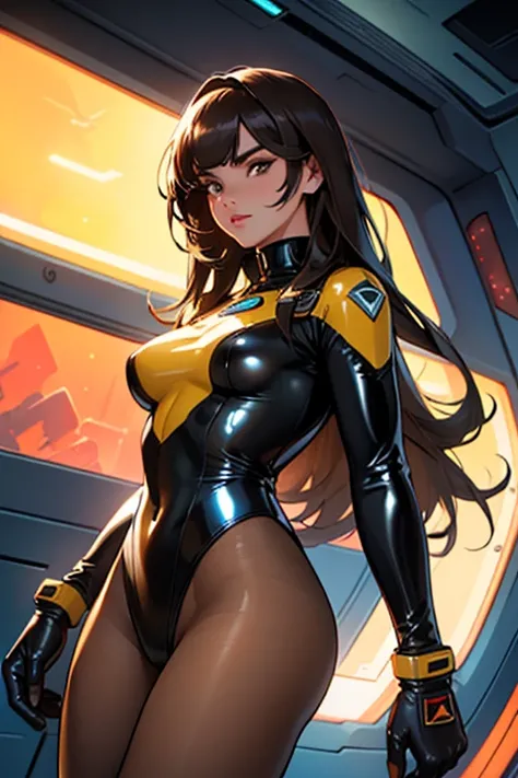 Best quality, 8K, woman retro super hero futurism, beautiful and detailed face, black straight long hair, bangs,big eyelashes,LOOKING TO observer,TRANSPARENt LATEX leotard, metalic details, LIGHT BROWN TAN pantyhose, sheer gloves,sci-fi RETRO SPACESHIP sce...