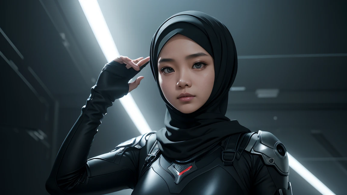 (((Young Thai Woman in Black hijab))), ((Best Quality)), ((masutepiece)), (Detailed: 1.4), (Absurd), 19-year-old woman with Simon Bisley-style micro thong, Genesis evangelion neon style clothing, 2-piece clothing, Long white hijab, cybernetic hands, pastel...