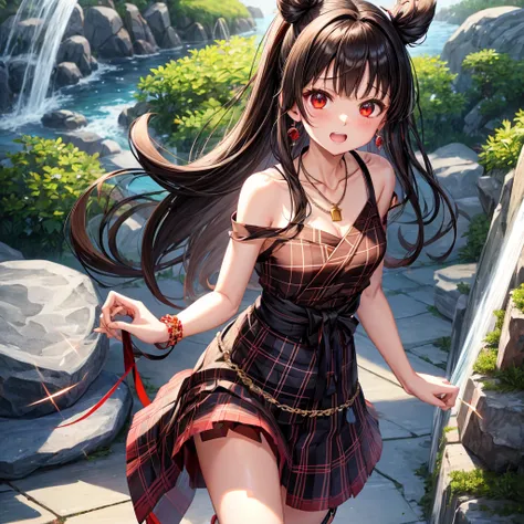 brown black hair、red eyes、one good looking girl、solo、anime、plaid mini skirt、black camisole、black t-shirt、kimono、wearing a ribbon、ribbon at waist、stone slabs are piled up、crystal earrings、jewelry necklace、Light and shadow、tilting one&#39;s face、teeth are vi...