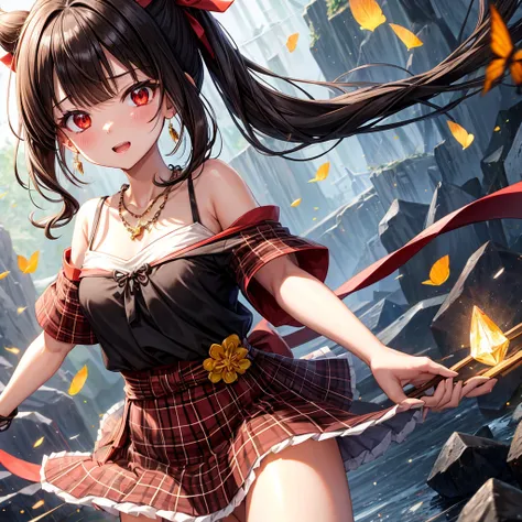 brown black hair、red eyes、one good looking girl、solo、anime、plaid mini skirt、black camisole、black t-shirt、kimono、wearing a ribbon、ribbon at waist、stone slabs are piled up、crystal earrings、jewelry necklace、Light and shadow、tilting one&#39;s face、teeth are vi...