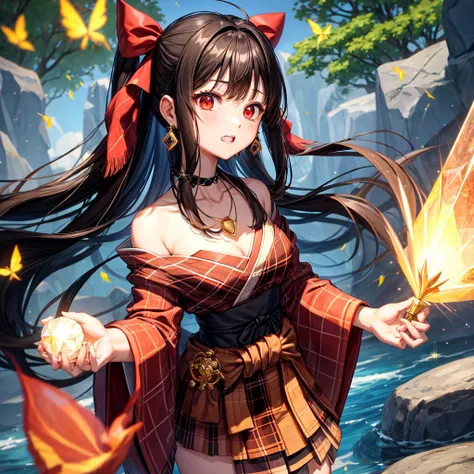 brown black hair、red eyes、one good looking girl、solo、anime、plaid mini skirt、black camisole、black t-shirt、kimono、wearing a ribbon、ribbon at waist、stone slabs are piled up、crystal earrings、jewelry necklace、Light and shadow、tilting one&#39;s face、teeth are vi...