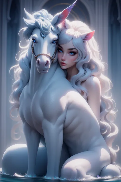 {-erro_de_anatomia:1.0} There is a white unicorn girl, blue mane and long mane, white unicorn, unicorn, unicorn horns, A unicorn, celestia, Nine stories, blue unicorn, soft dreamy, cinematic light《fangs》Unicorn in, mythological creatures, a mythical creatu...