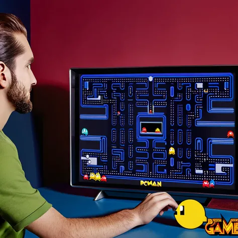 A retro games on screen, with 2 players plays from console. Playing Pac Man