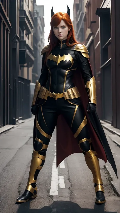 ((Full body photo,standing, feet on the ground)) A red-haired warrior girl with yellow eyes wearing black and gold batgirl armor