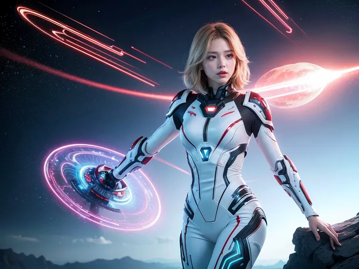 (Raw photo, highest quality), (realistic, Photoreal:1.3), 1 girl、realisticbody、Pleiades space warrior、white and red battle suit skirt、spaceship coming from space、Battle against reptilian aliens、shield and ray gun、serious expression