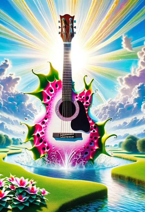 A guitar made of dragon fruit floats in the river, half leaking out, surrounded by a small amount of green grass and flowers. The sunlight shone on its face, creating a beautiful scene. It has a surreal style, bright colors, and high-definition photography...