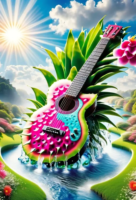 A guitar made of dragon fruit floats in the river, half leaking out, surrounded by a small amount of green grass and flowers. The sunlight shone on its face, creating a beautiful scene. It has a surreal style, bright colors, and high-definition photography...