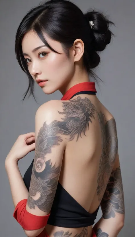 arafed asian woman with a dragon tattoo on her arm, of taiwanese girl with tattoos, beautiful realistic upper body, temporary tattoo, photograph of a sleeve tattoo, arm tattoo, oriental tattoos, arm tattoos, tattoo on upper arm, down left arm and back, kan...