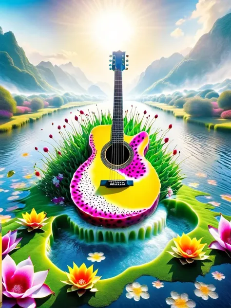 A guitar made of dragon fruit floats in the river, half leaking out, surrounded by a small amount of green grass and flowers. The sunlight shone on its face, creating a beautiful scene. It has a surreal style, bright colors, and high-definition photography...