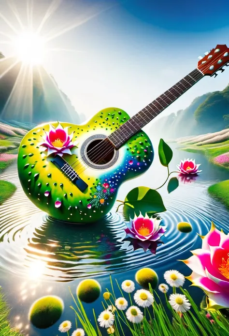 ((Evening Pond:1.8))，A guitar made of dragon fruit floats in the river, half leaking out, surrounded by a small amount of green grass and flowers. The sunlight shone on its face, creating a beautiful scene. It has a surreal style, bright colors, and high-d...