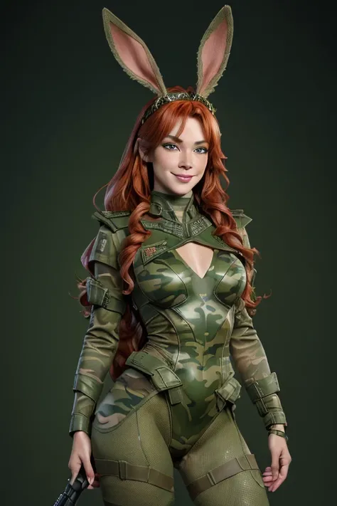 (best quality, 8k, ultra-detailed, realistic:1.37),  woman wearing a militar camouflage dress,rabbit ears tiara,red hair,fake eyelashes,fleshy lips,looking to observer, little smile,light green pantyhose,Paolo Serpieri Arte, Luis Royo Arte, milo manara art...