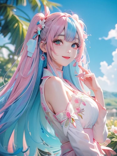 Full body portrait from head to toe、、big butt、 (alone:1.5,)Super detailed,明るいcolor, very beautiful detailed anime face and eyes, look straight, ;d, shiny_skin,girl, (((虹colorの髪, colorful hair, Half blue、half pink hair: 1.2))), 、forehead is exposed.、green e...