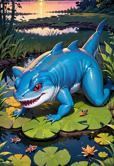 (best quality,4k,highres),(creepy,unsettling) monsters, bright colors, (half shark,half toad) lurk, (shores,edges,sides,banks) of evening pond,dusk pond,hunting,searching,stalk,(small,upcoming)carnivorous),waiting for rodents,mice,rats,small mammals,to eat...