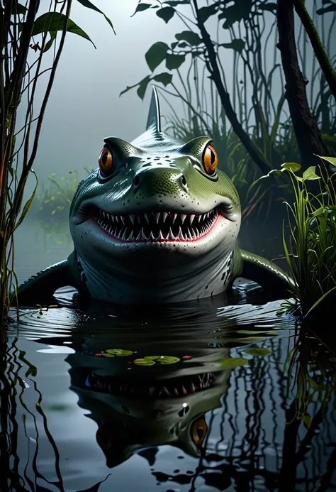 (best quality,4k,highres,masterpiece:1.2),ultra-detailed,realistic photo-realistic:1.37,creepy monsters,stalk,shores,evening pond,hunting rodents,eat,brightly colored,textured,ominous lighting,horror,reflection,shadow,scaly skin,enormous shark fins,frog-li...