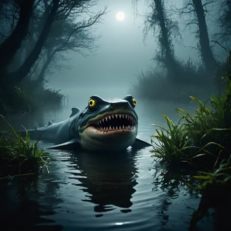 (best quality,4k,highres,masterpiece:1.2),ultra-detailed,realistic photo-realistic:1.37,creepy monsters,stalk,shores,evening pond,hunting rodents,eat,brightly colored,textured,ominous lighting,horror,reflection,shadow,scaly skin,enormous shark fins,frog-li...