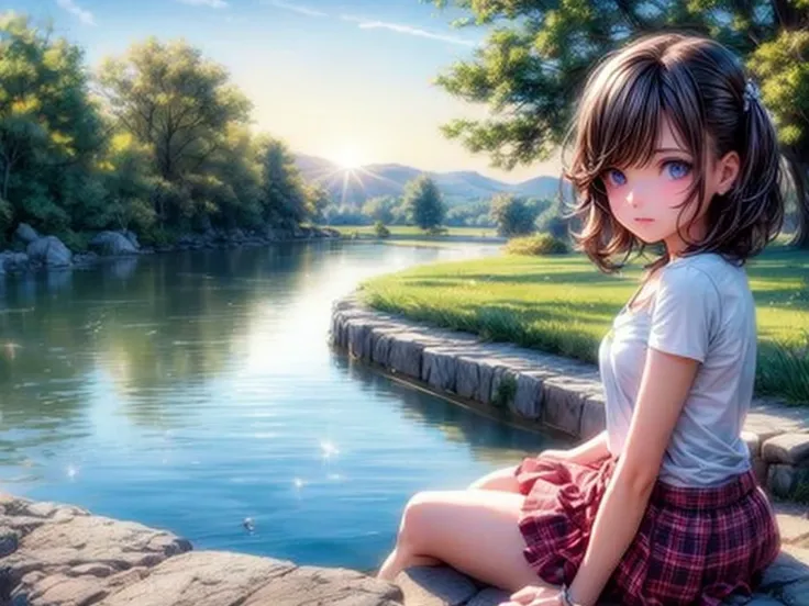 pond at dusk、girl sitting by the pond、sad look、sunset