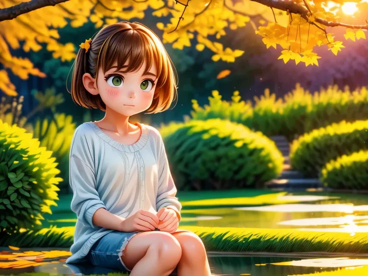 a girl sitting by a dusk pond,sad expression,dramatic sunset,end of autumn,(best quality,4k,8k,highres,masterpiece:1.2),ultra-detailed,(realistic,photorealistic,photo-realistic:1.37),emotional,watercolor painting,loneliness,colorful autumn leaves,soft gold...