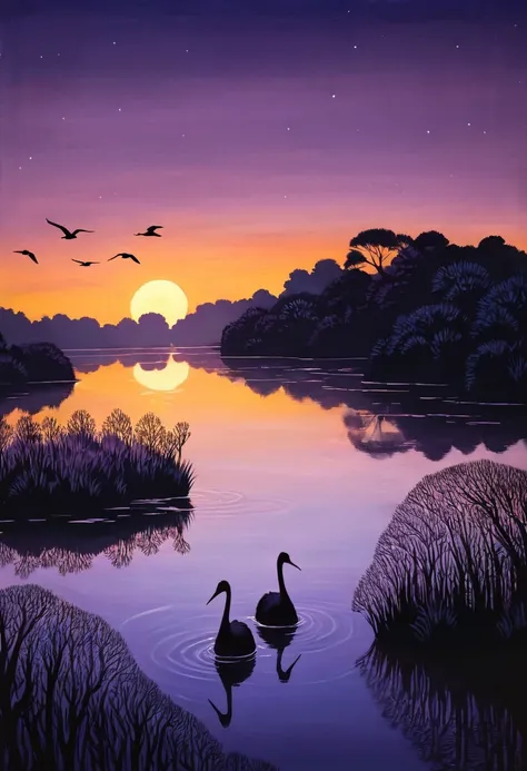   Deep twilight evening pond twilight scene sky gradually darkening，The light in the pond is getting fainter，Create a mysterious atmosphere。

           Silhouettes of two cranes in the evening(anatomically correct) standing on the water(Put it in the fore...