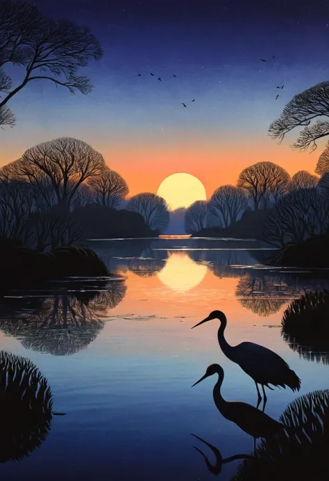 deep twilight evening pond twilight scene sky gradually darkening，the light in the pond is getting fainter，create a mysterious a...