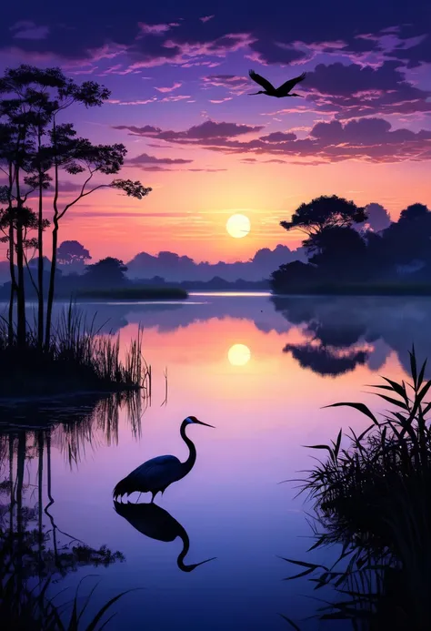 Deep twilight evening pond twilight scene sky gradually darkening，The light in the pond is getting fainter，Create a mysterious atmosphere。 Silhouettes of two cranes in the evening(anatomically correct) standing on the water(Put it in the foreground)，Create...