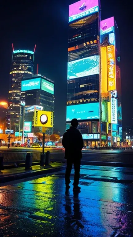 Background: Cyberpunk cityscape with towering skyscrapers adorned with neon lights and holographic advertisements.
Foreground: A silhouette of Bitmeow, the badass ninja cat, perched atop a rooftop, his eyes gleaming in the darkness.
Atmosphere: Neon biolum...