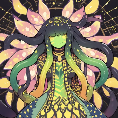 Sea lily monster girl that has bright green skin with yellow dot in a circle patterns over eyes and who has a band of ebony black around glowing yellow eyes yellow bands around neck and pink petal-like tentacle hair and is wearing bohemian outfit
