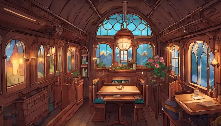 inside hogwarts train cart、Hogwarts students cabin，A little dark，Inside a magical train with magical objects, kitty，Low amount of light，((Pixal style))、Makoto (magical World of Harry Potter)