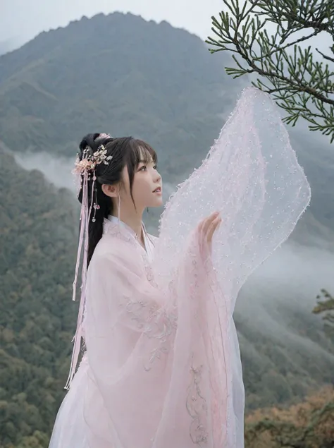 (((translucent,translucent,perspective))),(1 girl,Pink Hanfu,looking at the audience:1.3,Smile:1.2)(huge breasts),Mountain,mist,explain,huge_松Tree_Tree, Hanazono Junior High School [[Intricate gold embroidery pattern on sleeves and hem,Wisps of mist swirle...