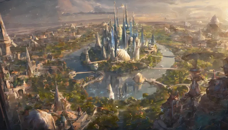 （（Technologie）small town），in a panoramic view，visual shock，epcot，dream magical，Airborne vehicles，Three-dimensional city in the sky，ultra HD picture quality，high-definition photography