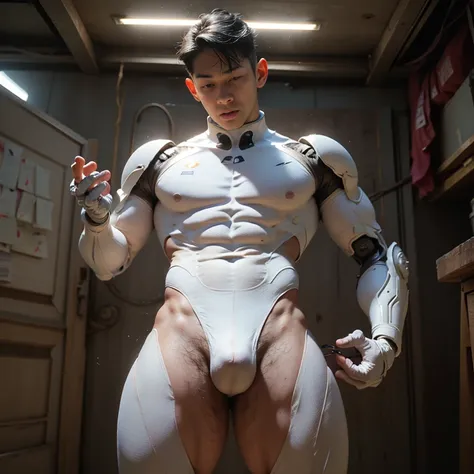 (masutepiece,High resolution,ultra - detailed:1.0),1(Boy ,robot boy ),Perfect male body,Look at the camera,Delicate eyes and delicate face,extremely details CG,Unity 8k壁纸,intricate-detail,solo person,Detailed face, ( extreme tight skin-perfect white bodysu...