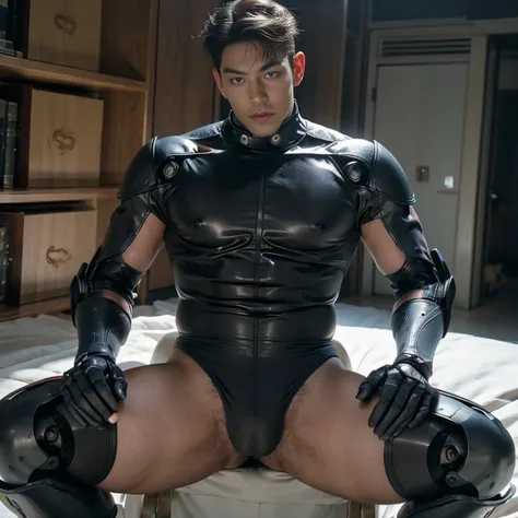 (masutepiece,High resolution,ultra - detailed:1.0),1(Boy ,robot boy ),Perfect male body,Look at the camera,wearing high bodysuit, sexy , eroticism , nsfw , super tight , super handsome boy , male , gynecomastia , fatty hips , fatty buttocks
, (bare thighs)