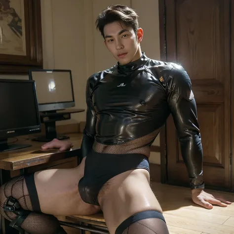 (masutepiece,High resolution,ultra - detailed:1.0),1(Boy ,robot boy ),Perfect male body,Look at the camera,wearing high waisted fishnet bodysuit, sexy , eroticism , nsfw , super tight , super handsome boy , male , gynecomastia , fatty hips , fatty buttocks...