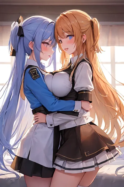 (best quality, masterpiece:1.2), 
two beautiful girls in cute uniforms are hugging each other facing front, 
their breasts are l...