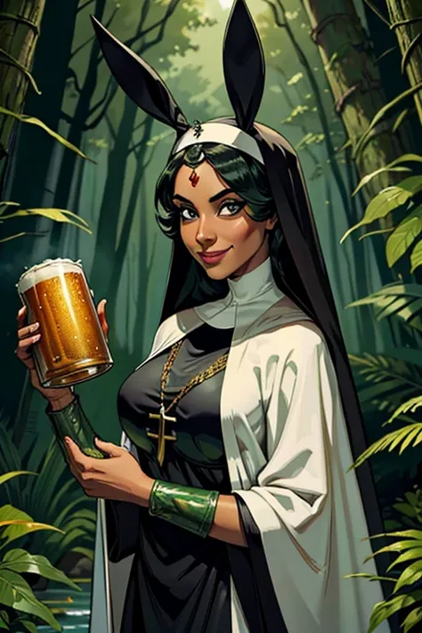 Melhor qualidade, 8k, mulher,black skin, lindo,big eyelashes, looking to observer, little smile, rabbit ears tiara, NUNS ROBES IN CAMOUFLAGE MILITARY GREEN, holding a beer can, florish forest scenario