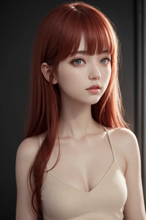 1girl, star eye, blush, perfect illumination, red hair, red eyes, unreal engine, sidelighting, detailed face, bangs, bright skin, simple background, dark background, 