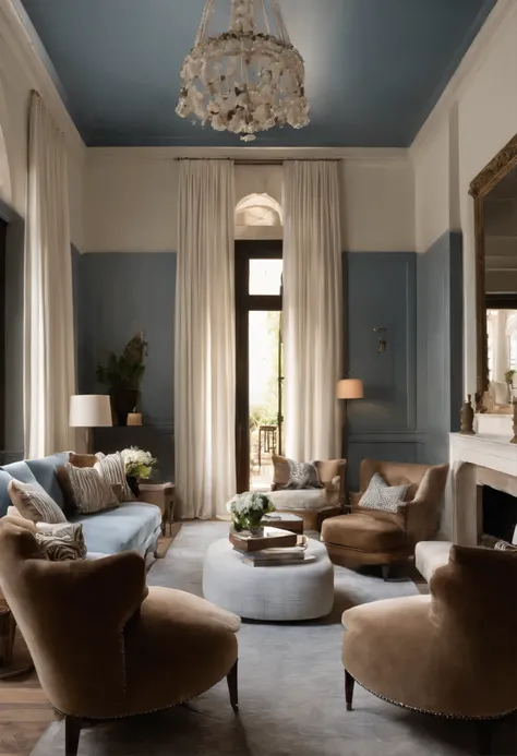 Genera una sala con paredes blancas, gray blue armchairs, with a set of brown and white furniture. Adicional, las ventanas de un amplio medio y con cortinas de zebra dim out en tono crema