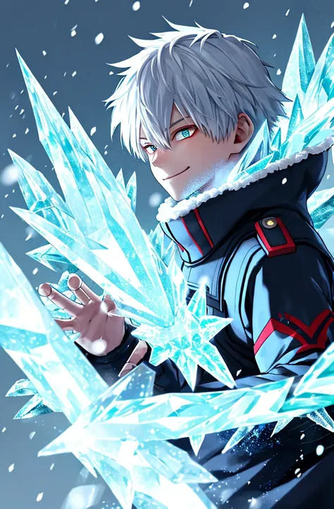 Kohei Horikoshi, 1 boy, bangs, (Perfect facial features: 1.4), (Mystical Magic Formation: 1.2), (Ice Crystal Scales), Blue Light, (Wings of Frost), Powerful Ice Magic, Icicles, Towering Clouds, Blue Cold Light, Ice Storm, Cold Wind, Flying Ice and Snow, Ma...