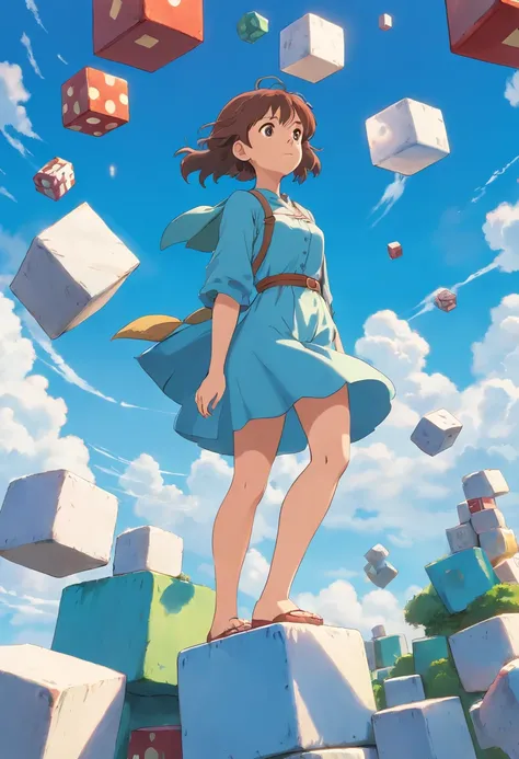 a woman standing on top of cubes in the sky, an ambient occlusion render, trending on cg society, screenshot from the anime film, dreamy clouds, isometric game, 