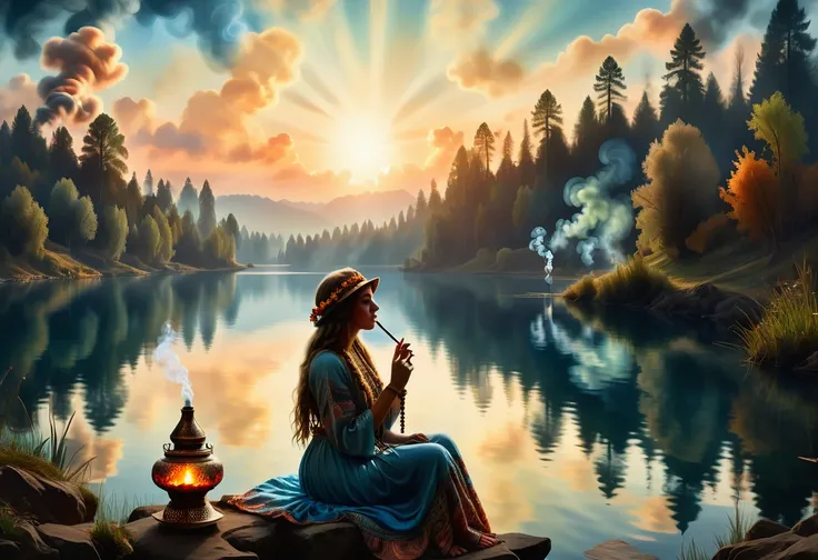 evening scene featuring a young woman dressed in hippie-fashion with a rastacap, smoking a hookah by a lake's edge, her silhouet...