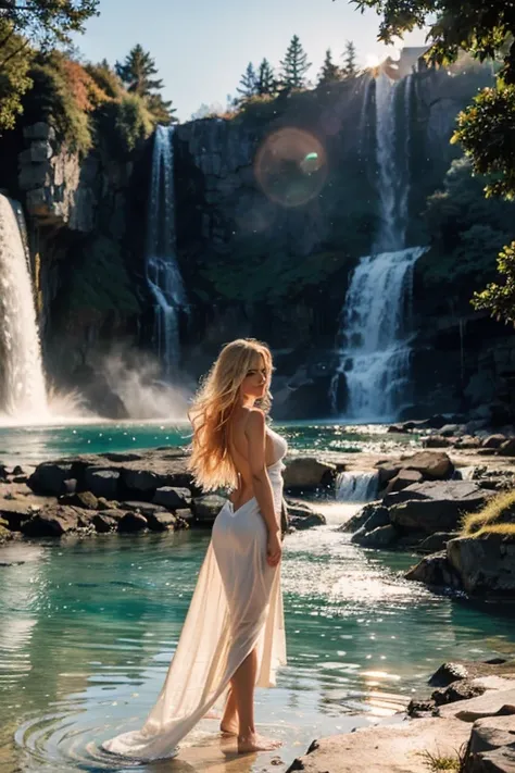 Ultra-realistic sunset image featuring a beautiful blonde woman standing in front of a breathtaking waterfall landscape in the mountains.The waterfall cascades down from great height, the gold and orange hues of the sun illuminating its crystal-clear water...