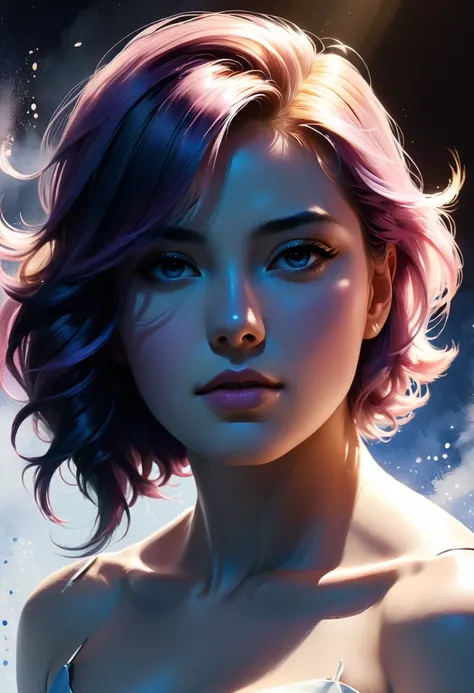 mj, RTX, 4k, HDR, close-up, watercolor, portrait, ((masterpiece)),((best quality)), (female silhouette: 2), reminiscent of Karn Griffiths, infused with bold texture light and airy, movement featuring hyper-realistic characters, pastel, elegance, dramatic l...