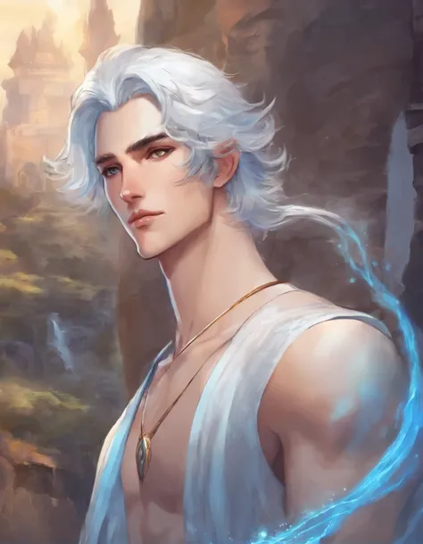 1 man, high quality, high resolution, Manhwa art style, Medium shot, Anime art style, medieval setting. Male, muscular, broad shoulders, royalty. Short white hair, Icy blue eyes, Dark clothing, Vintage regal clothing style. Gloomy serious expression.