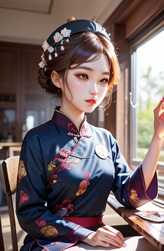 illustration design, Delicate characters, Windows, table, brown hair, big eyes, long cheongsam