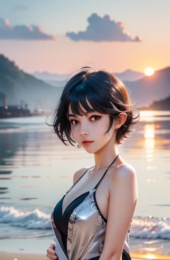 masterpiece, best quality, Super detailed, illustration,, Hanekawa short hair cat, 1 girl, whole body, , black eyes, colorful hair, black hair, white hair,, swimsuit,, Detailed background, Marxist style, beach, Sunset,